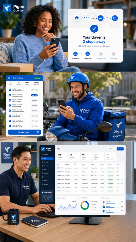 Pigee Courier live delivery tracking on mobile and rider on the road