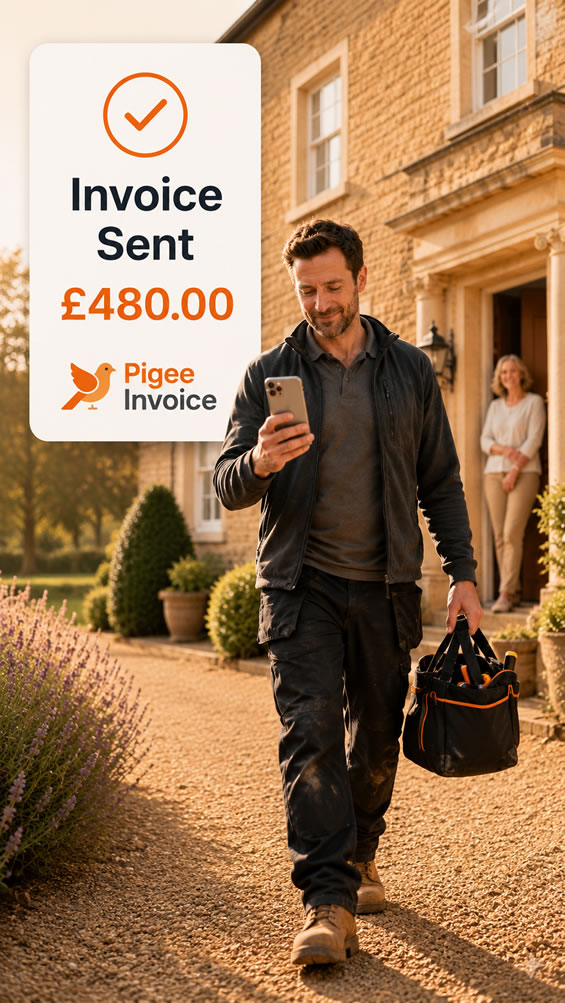 Tradesperson sending an invoice with Pigee Invoice from a mobile phone
